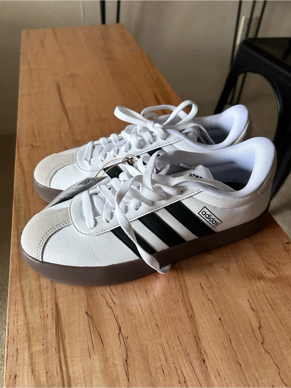 adidas White Leather Sneakers with Black Stripes and Brown Sole - Picture 4 of 4